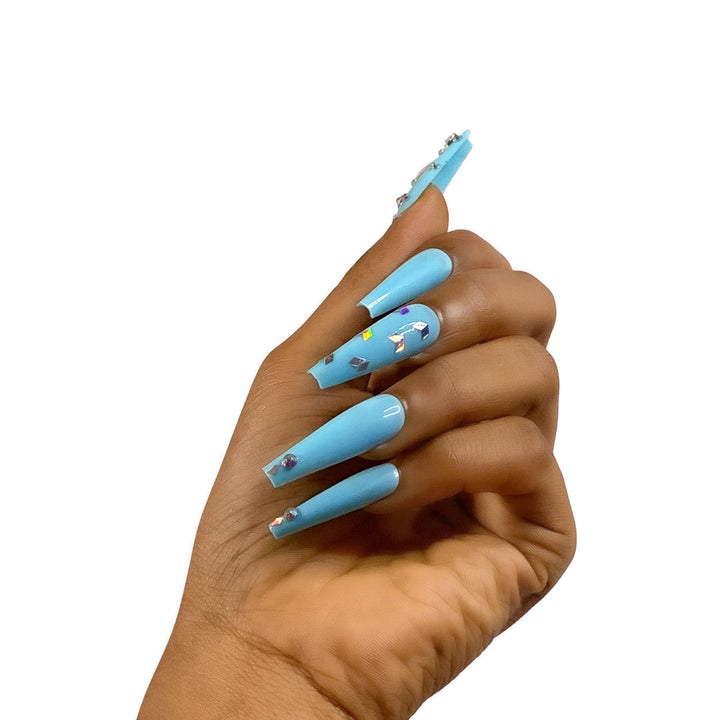 Blue Coffin Nails with Rhinestones in Lagos, Nigeria - All Things Chic