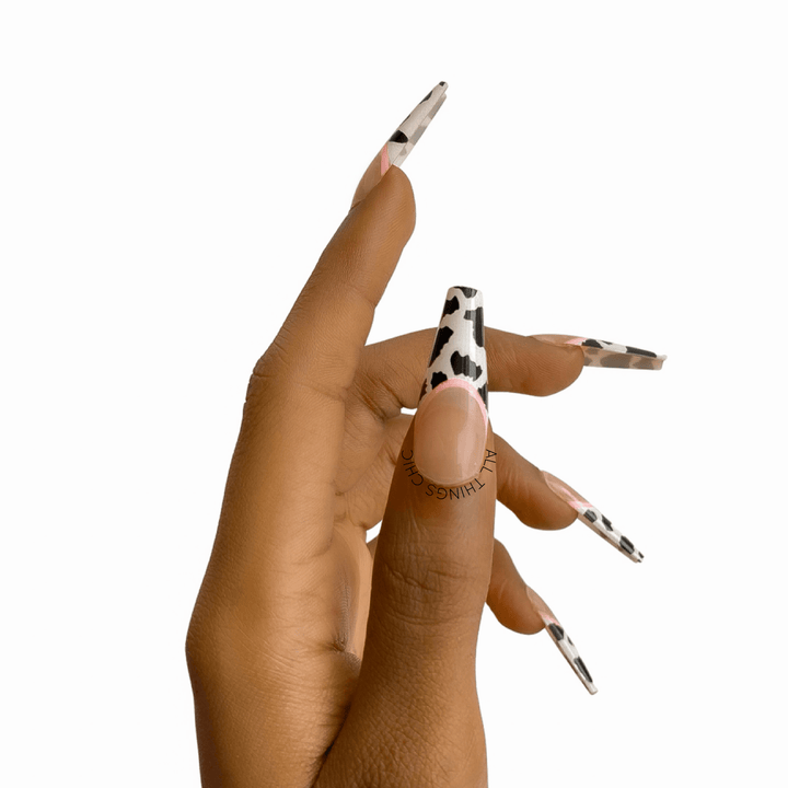 XL Cow Print French Tip Nails in Lagos, Nigeria - All Things Chic
