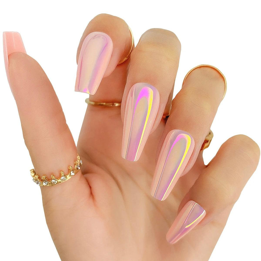 Long pink chrome press on nails in Lagos, Nigeria - All Things Chic