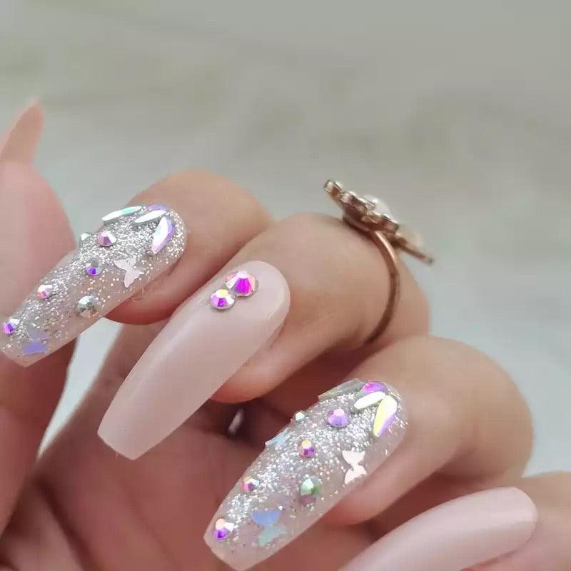 Nude Coffin Nails With Rhinestones